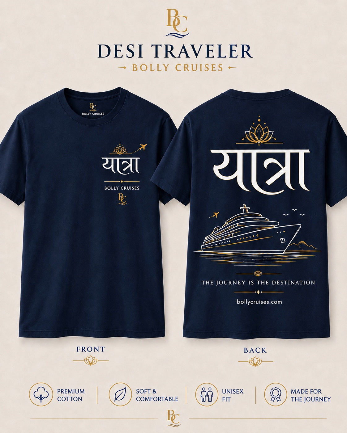 Navy Desi Traveler Yatra cruise T-shirt front and back design