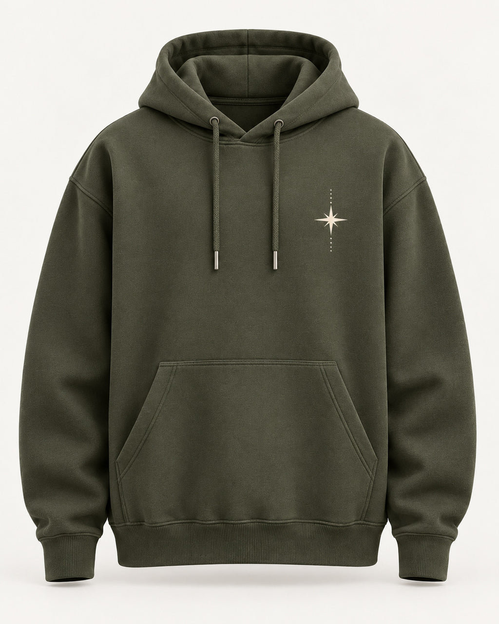 Olive green Further Than Yesterday hoodie front, minimalist compass star print