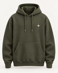 Olive green Further Than Yesterday hoodie front, minimalist compass star print