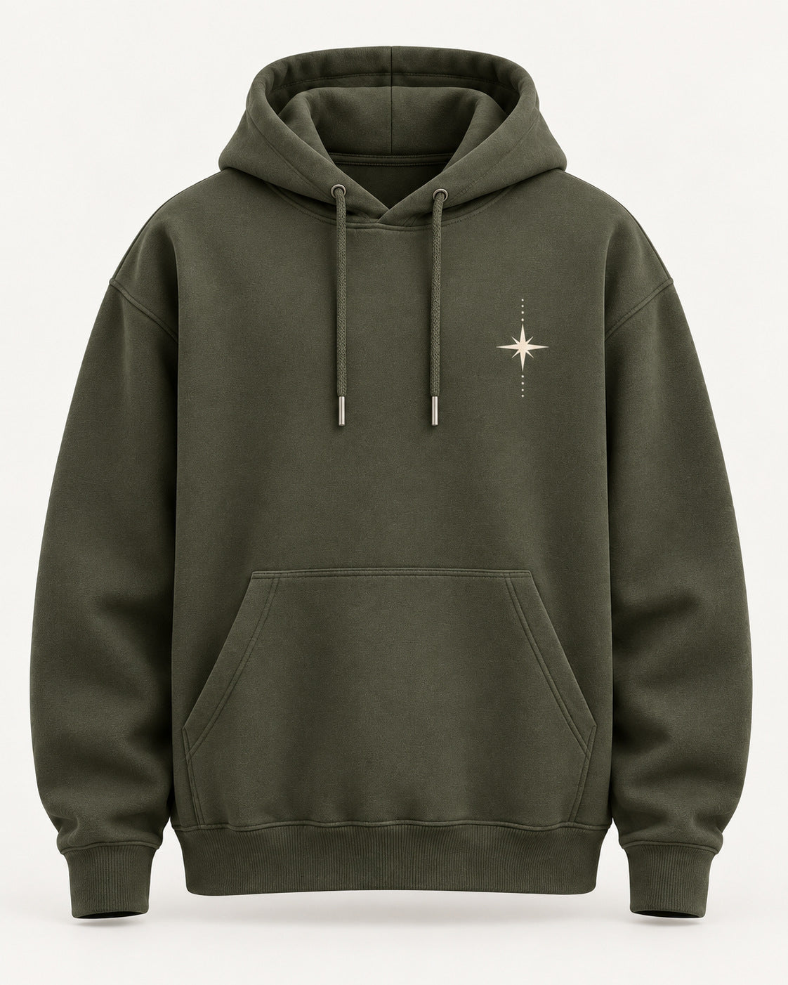 Olive green Further Than Yesterday hoodie front, minimalist compass star print