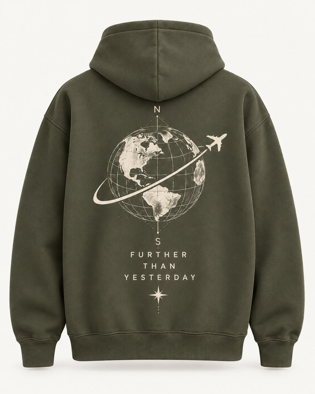 Olive hoodie back with globe airplane and Further Than Yesterday quote