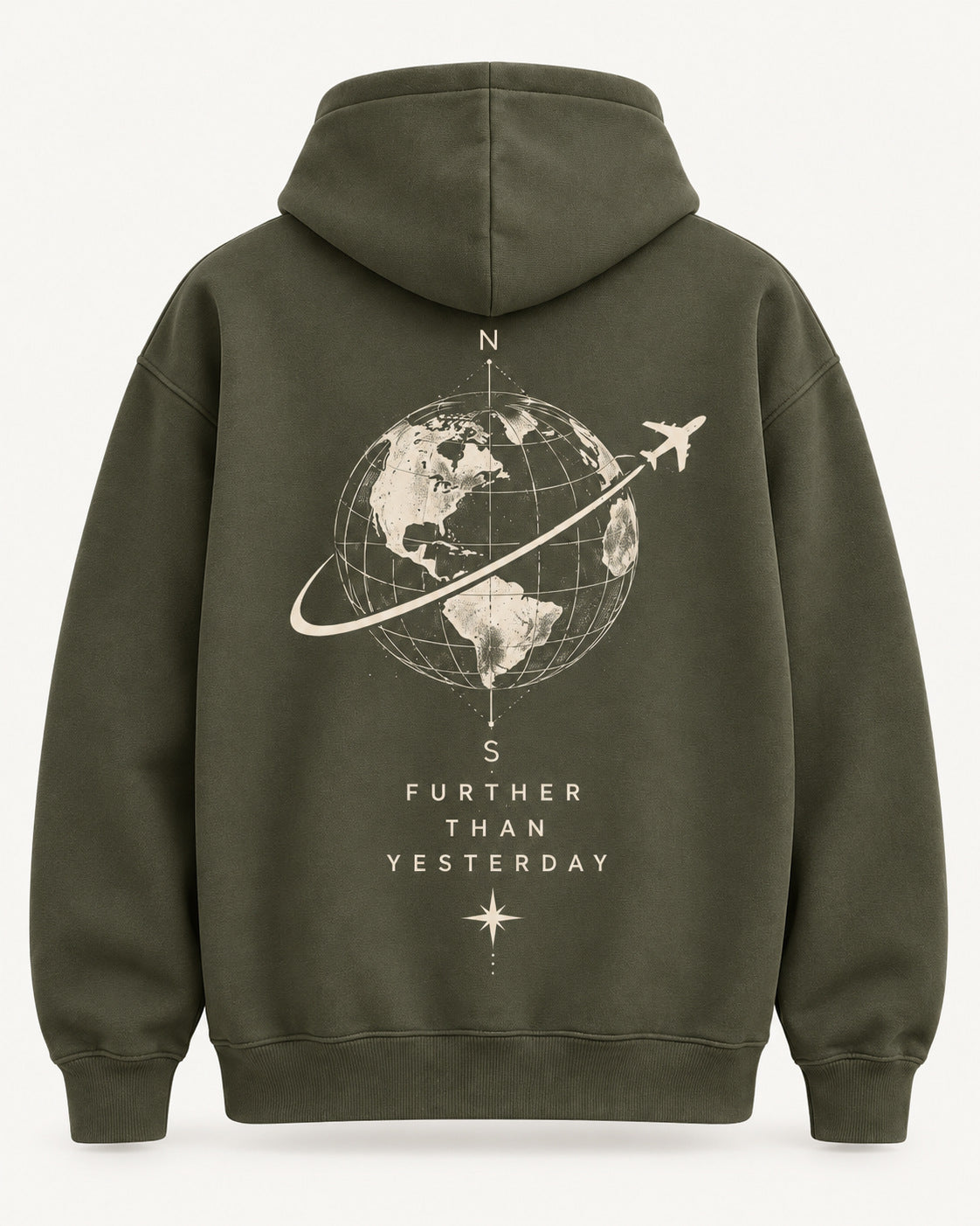 Olive hoodie back with globe airplane and Further Than Yesterday quote