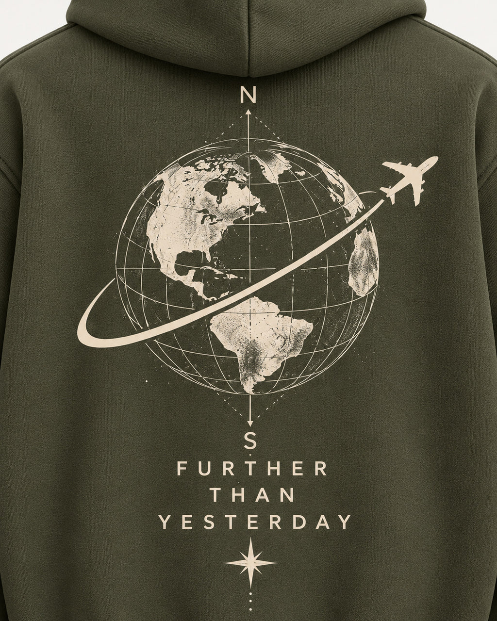 Detailed olive travel hoodie back print with globe airplane and quote