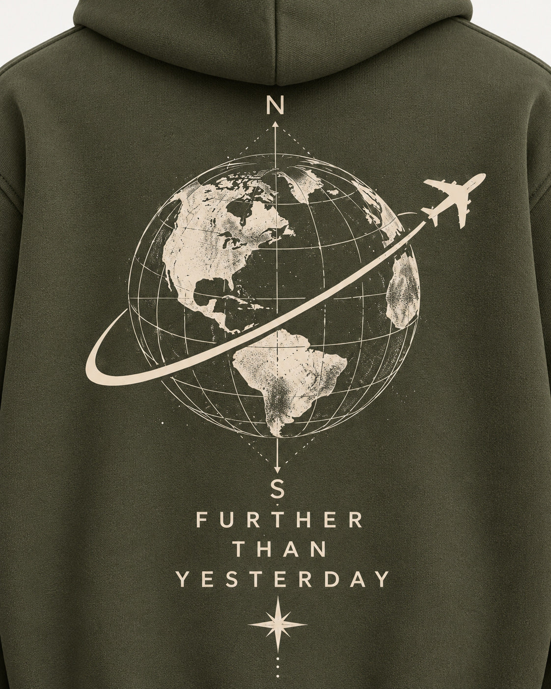 Detailed olive travel hoodie back print with globe airplane and quote