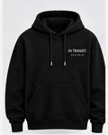 Front view of black In Transit hoodie with crisp chest print