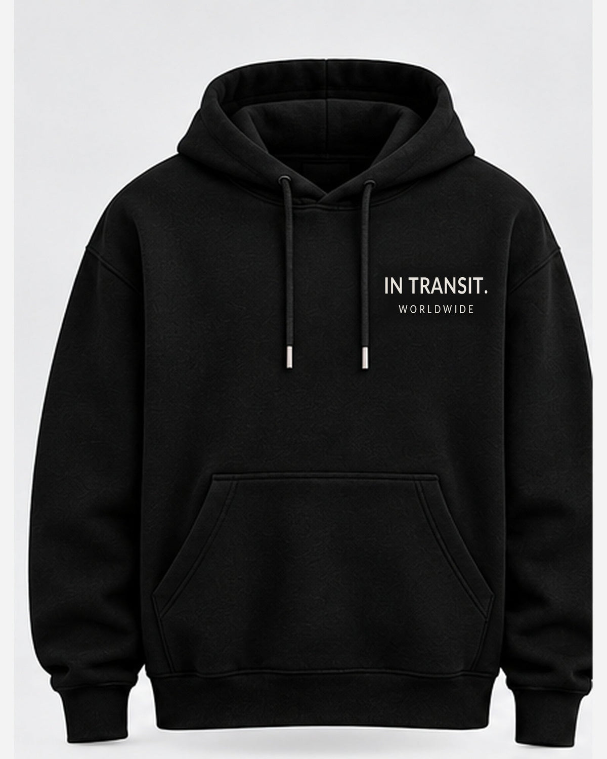 Front view of black In Transit hoodie with crisp chest print