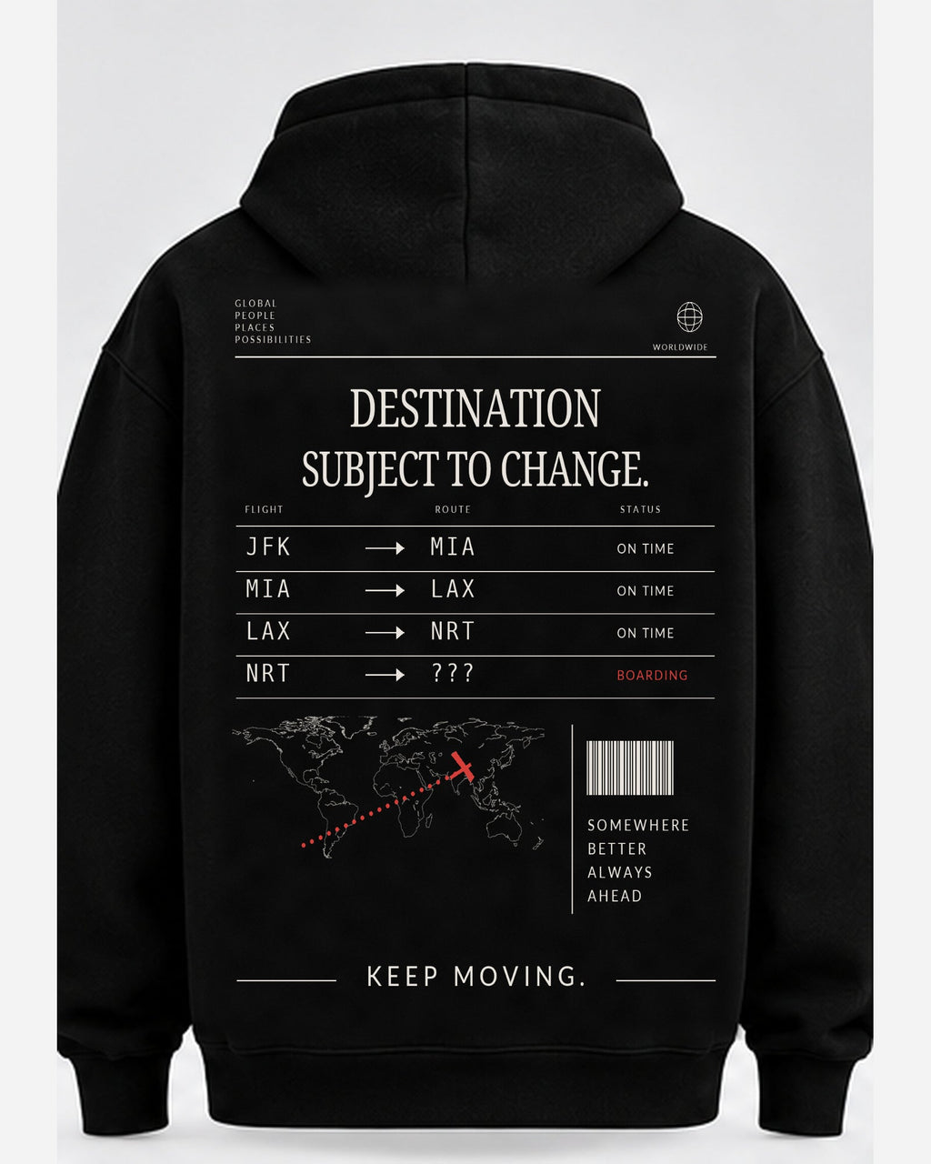 Back view of Destination Subject to Change hoodie with clear readable text