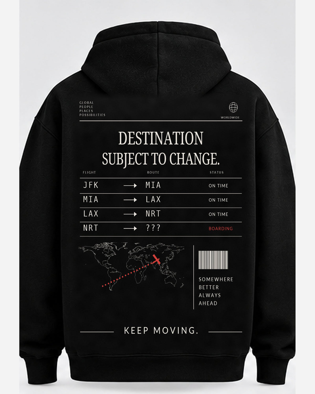 Back view of Destination Subject to Change hoodie with clear readable text