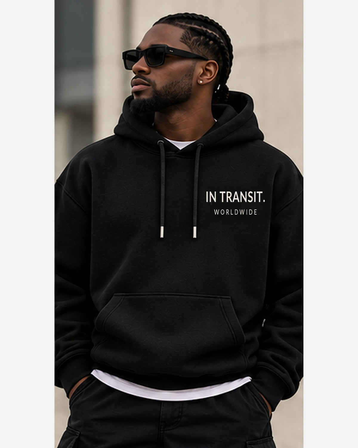 Model wearing In Transit hoodie front view