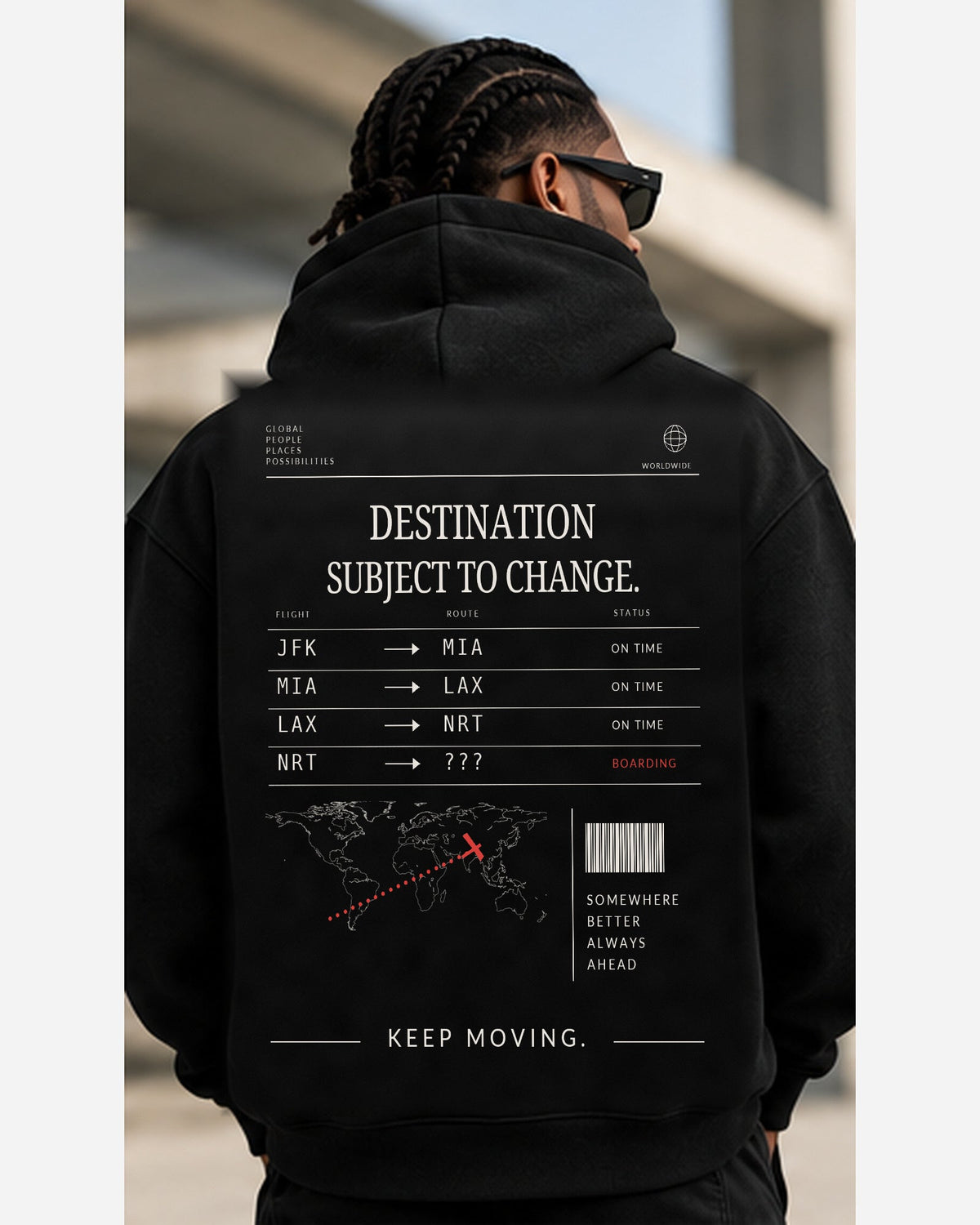 Model wearing Destination hoodie back view