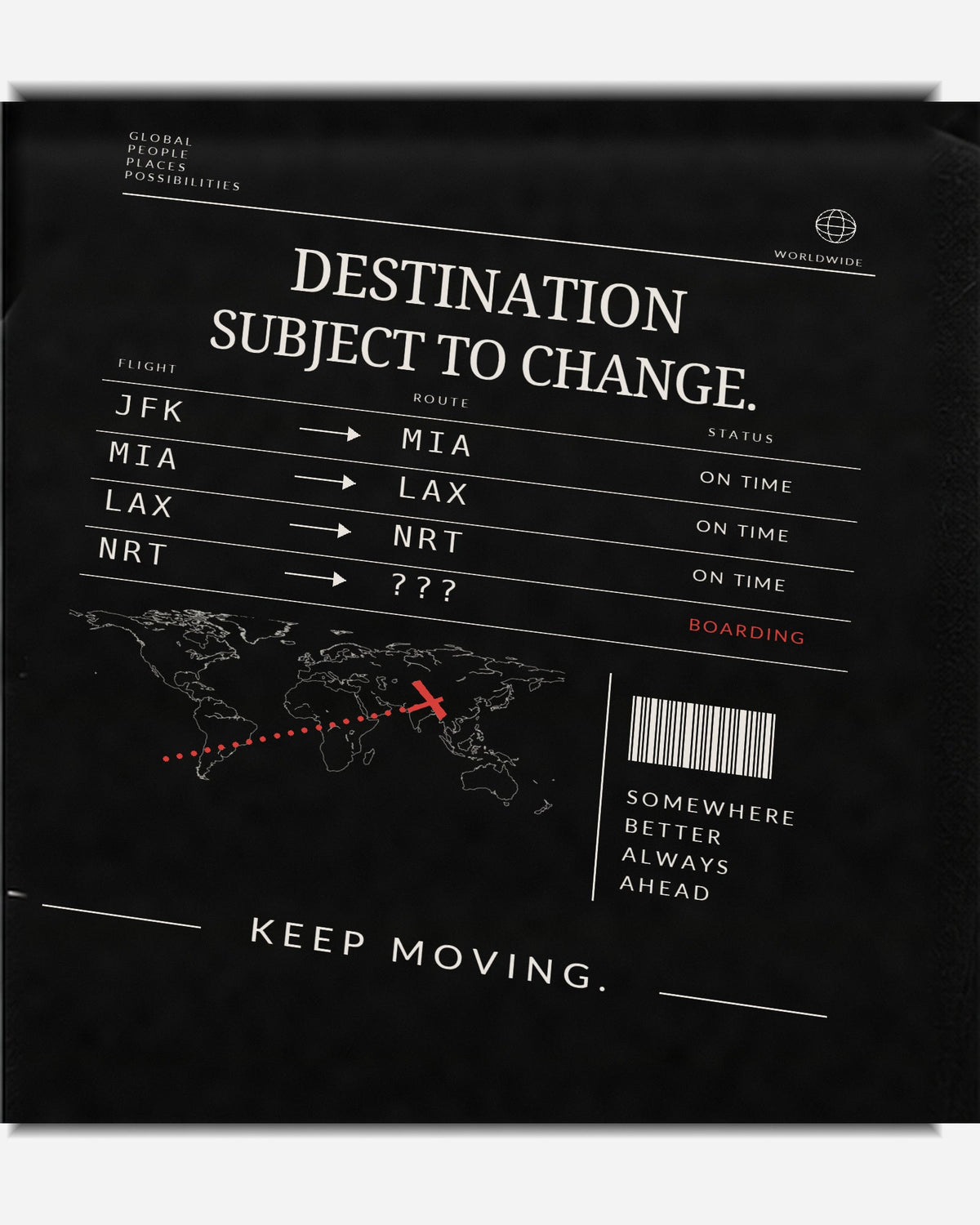 Clear close-up of flight-board print and destination typography