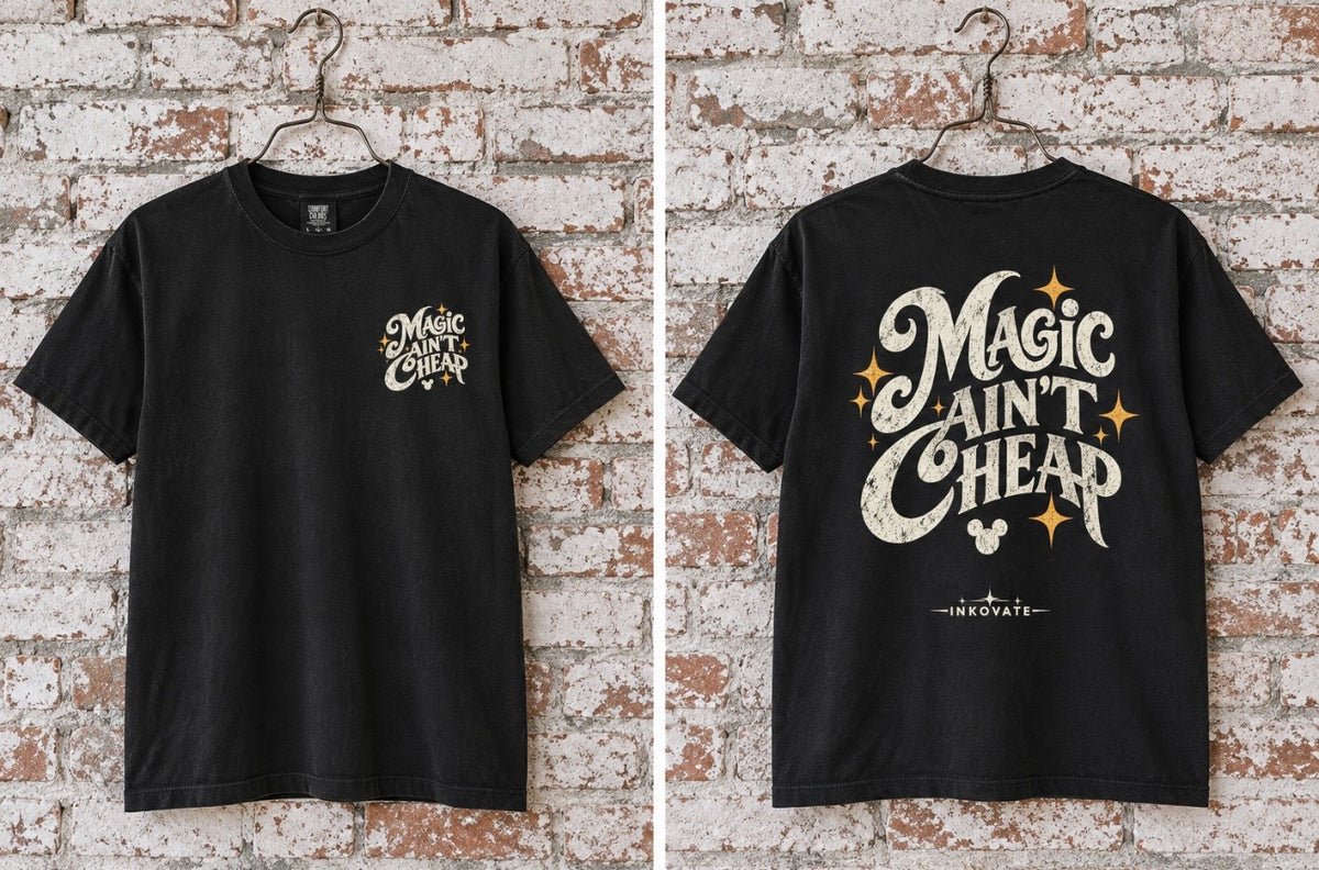 Magic Ain’t Cheap T-shirt in Black, front and back mockup