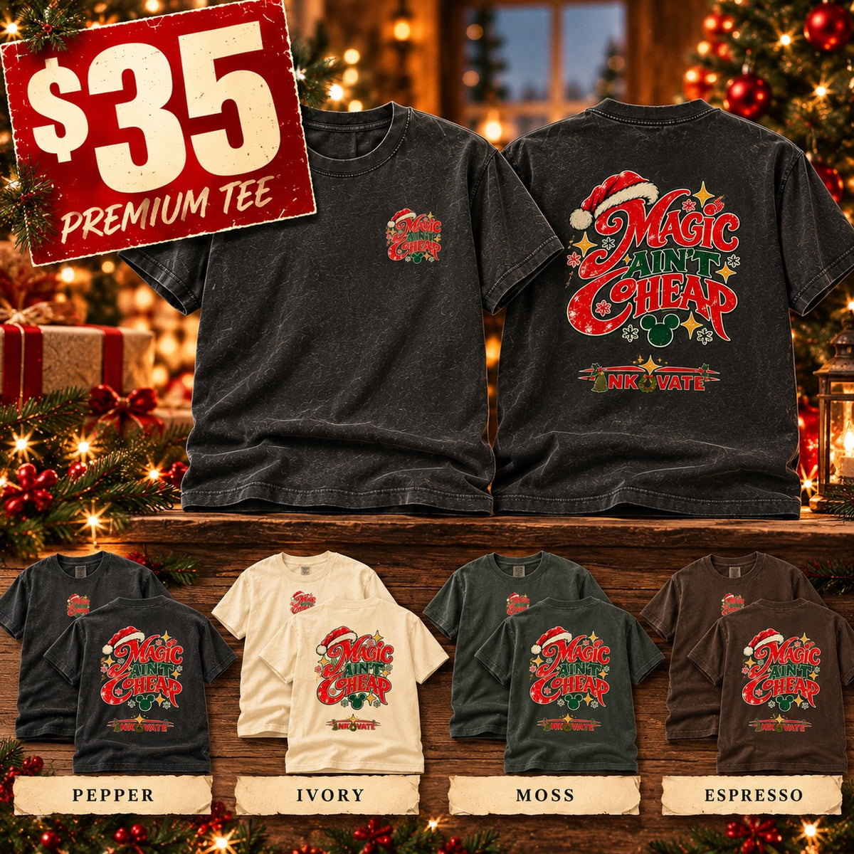 Magic Ain’t Cheap Christmas limited edition tee, front and back promotional mockup with Pepper, Ivory, Moss, and Espresso colorways