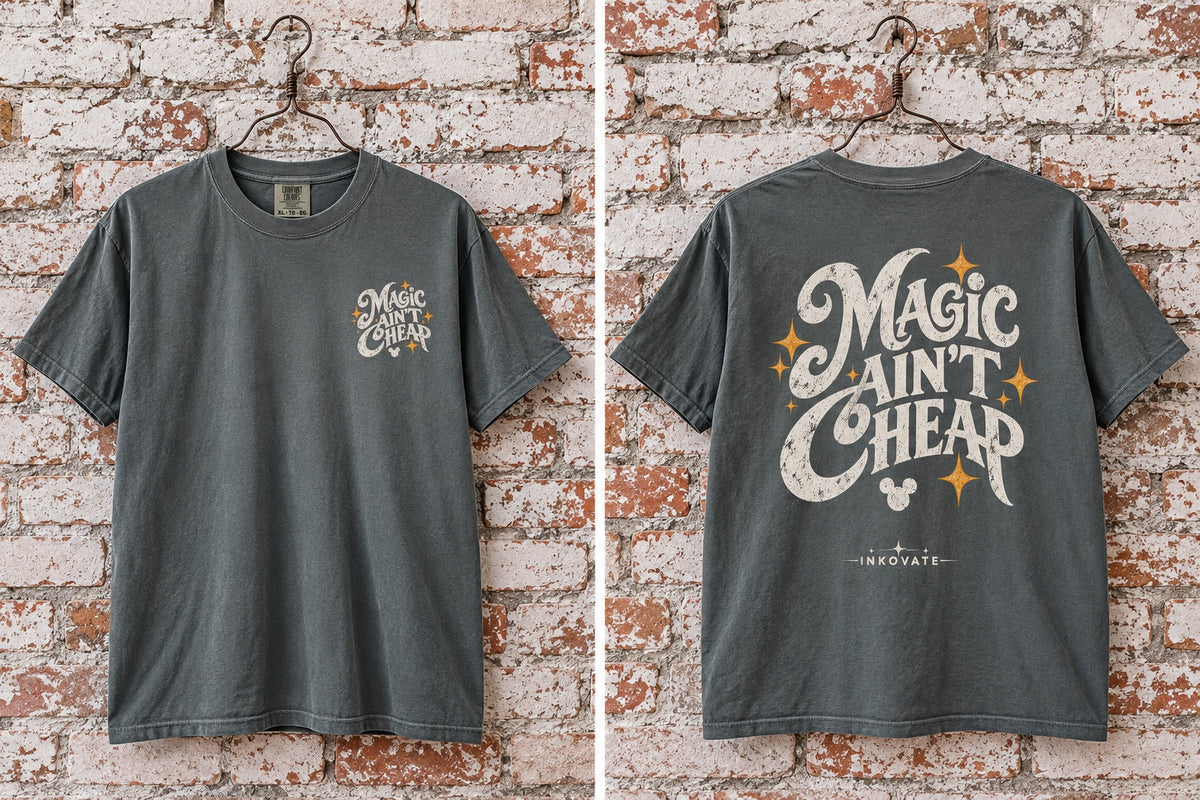 Magic Ain’t Cheap T-shirt in Pepper, front and back mockup