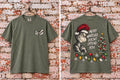 Moss Christmas T-shirt front and back with eyes on the chest and Merry Whatever Doesn’t Offend You back artwork