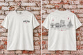 Park Dad T-shirt front and back mockup on white brick background