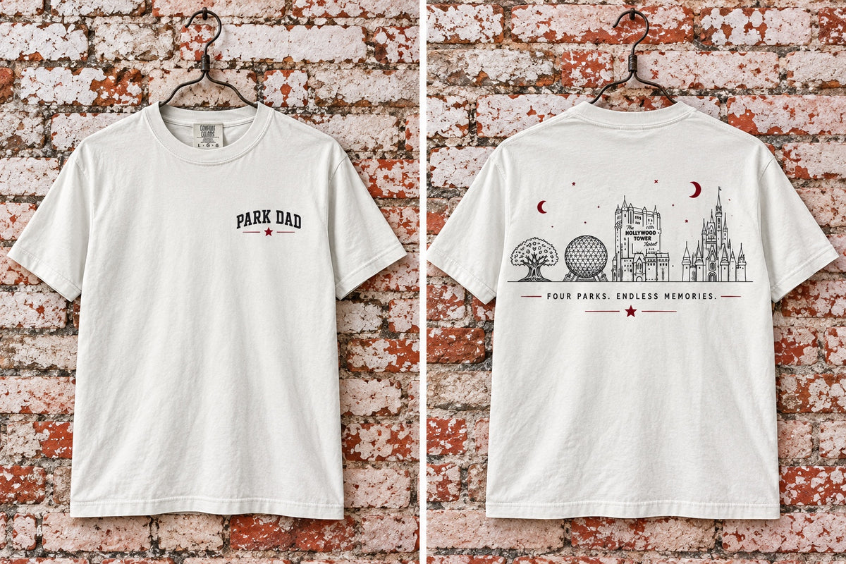 Park Dad T-shirt front and back mockup on white brick background