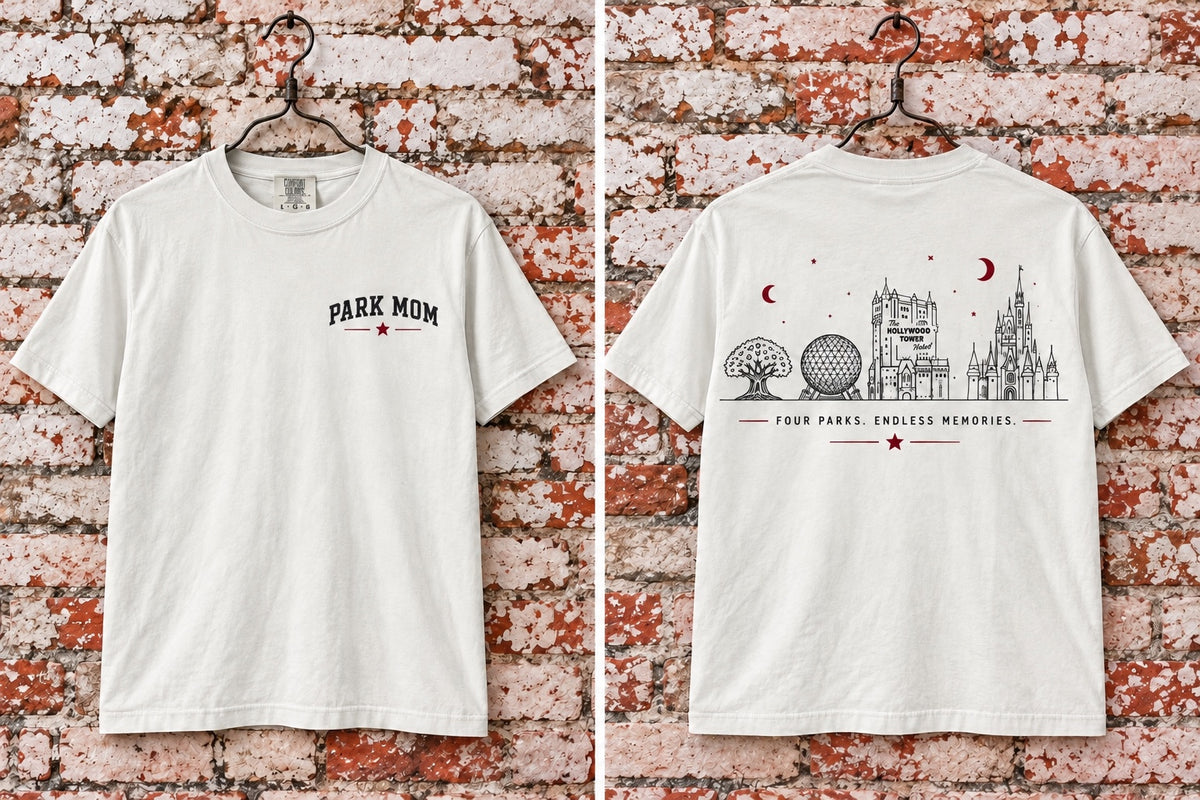 Park Mom T-shirt front and back mockup on white brick background