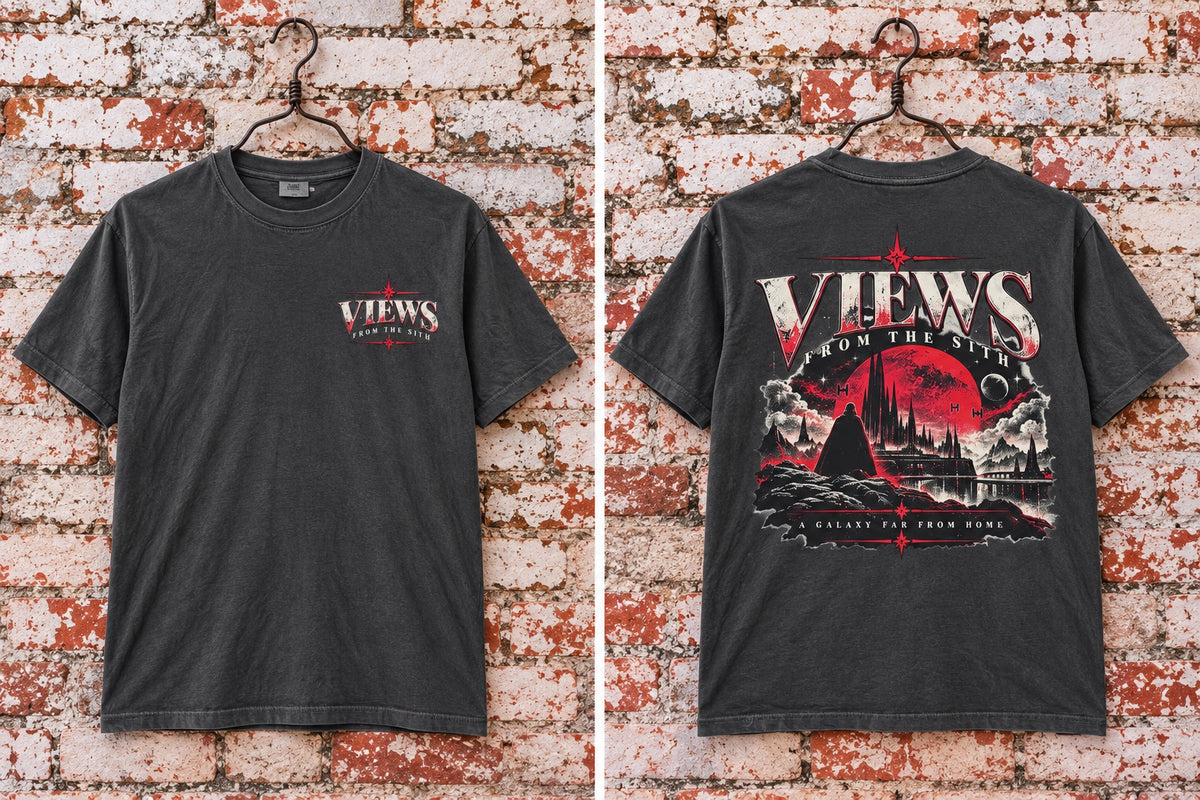 Views From the Sith T-shirt front and back mockup in Pepper with red and cream artwork