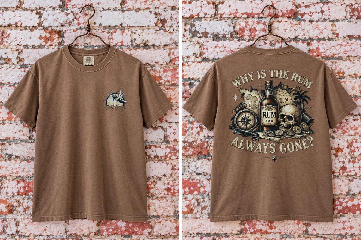 Why Is the Rum Always Gone? T-Shirt front and back mockup