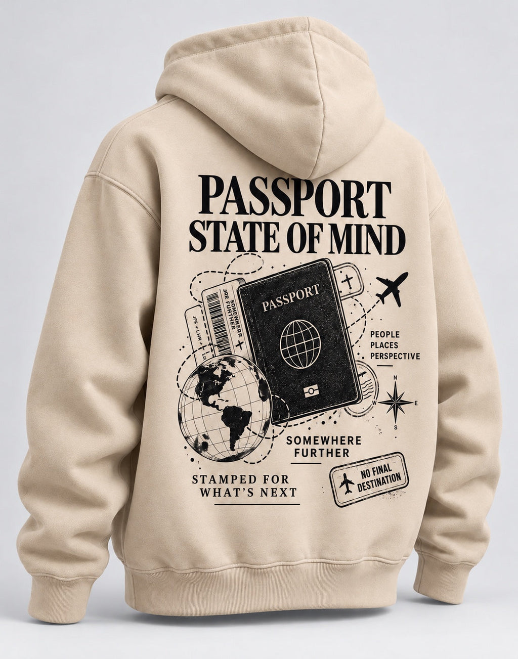Passport State of Mind sand hoodie angled back view