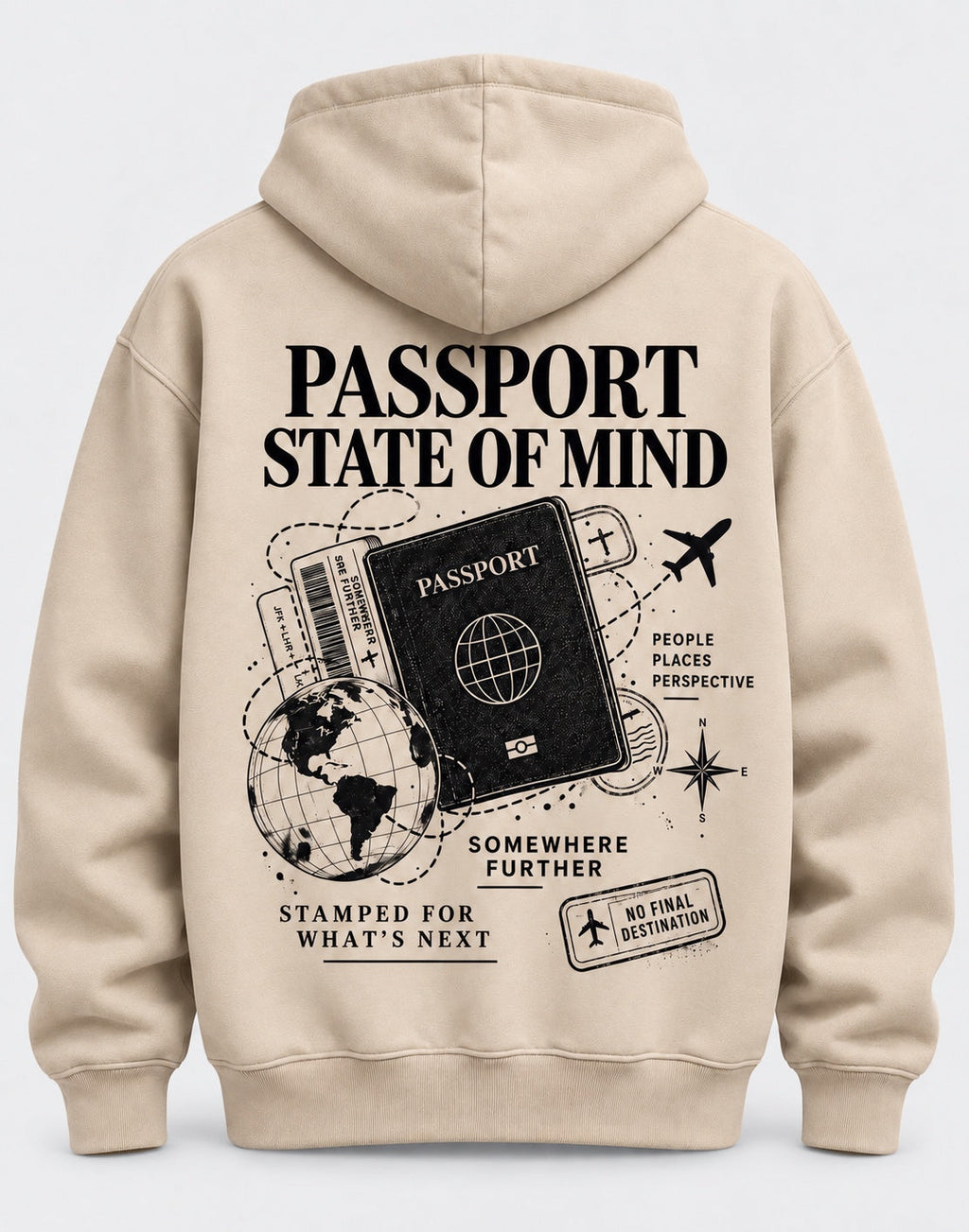 Back view of Passport State of Mind hoodie with travel passport graphic and No Final Destination