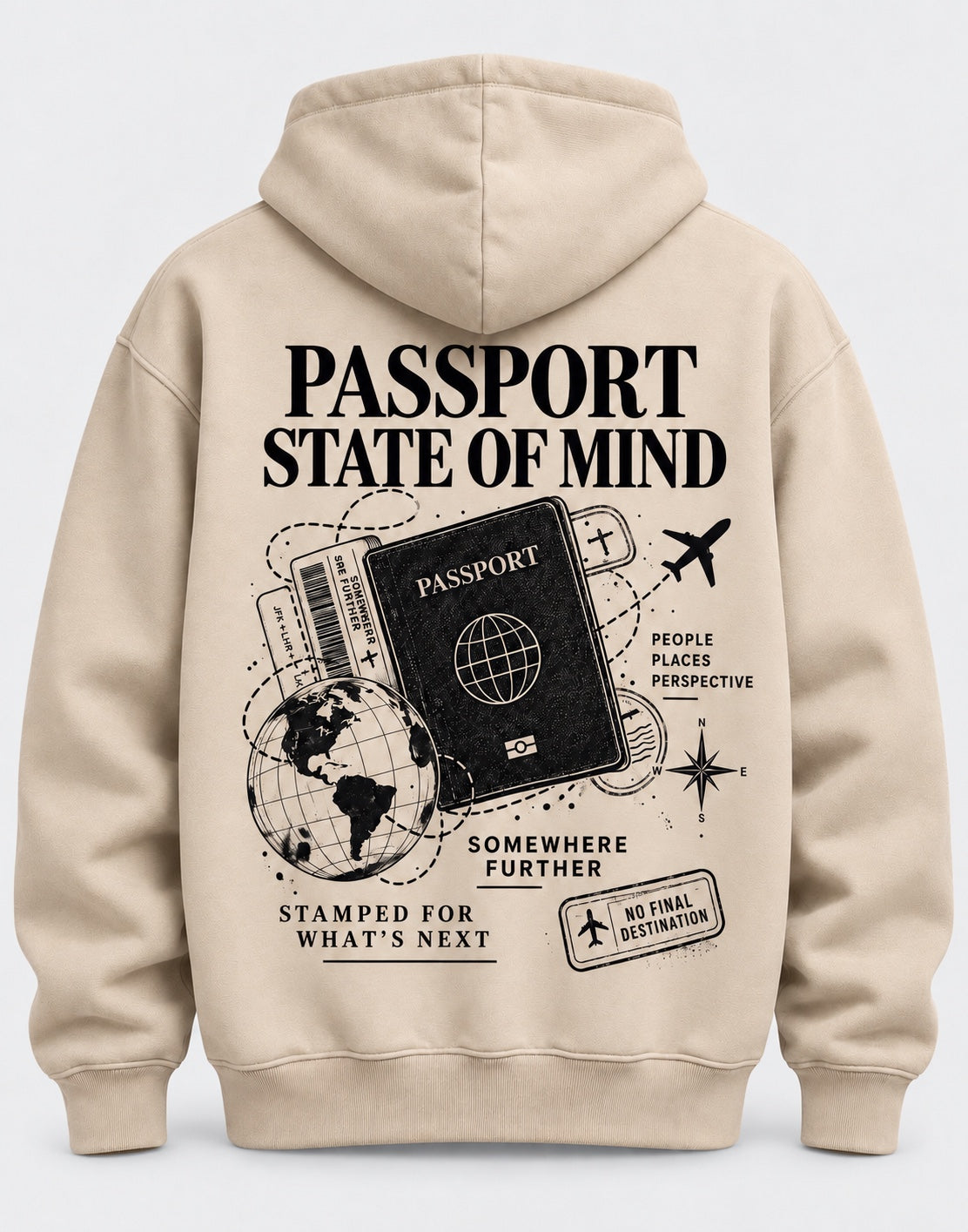 Back view of Passport State of Mind hoodie with travel passport graphic and No Final Destination