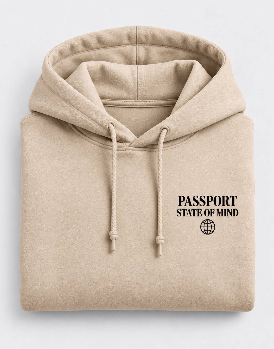 Folded Passport State of Mind sand hoodie front graphic