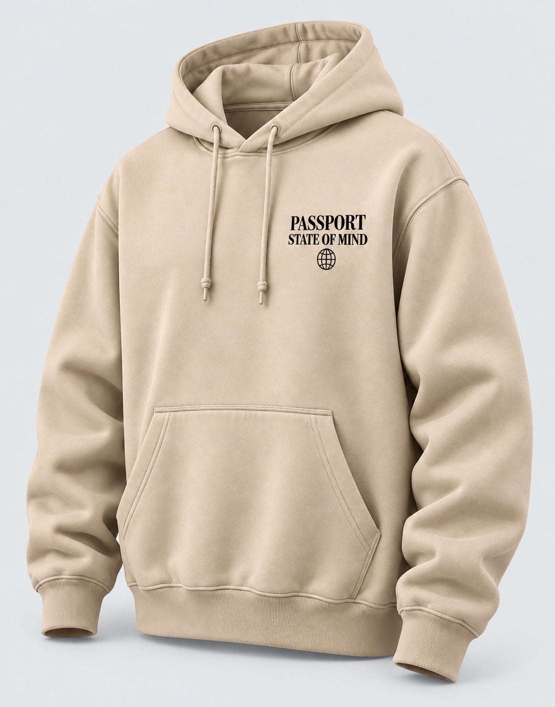 Passport State of Mind sand hoodie angled front view