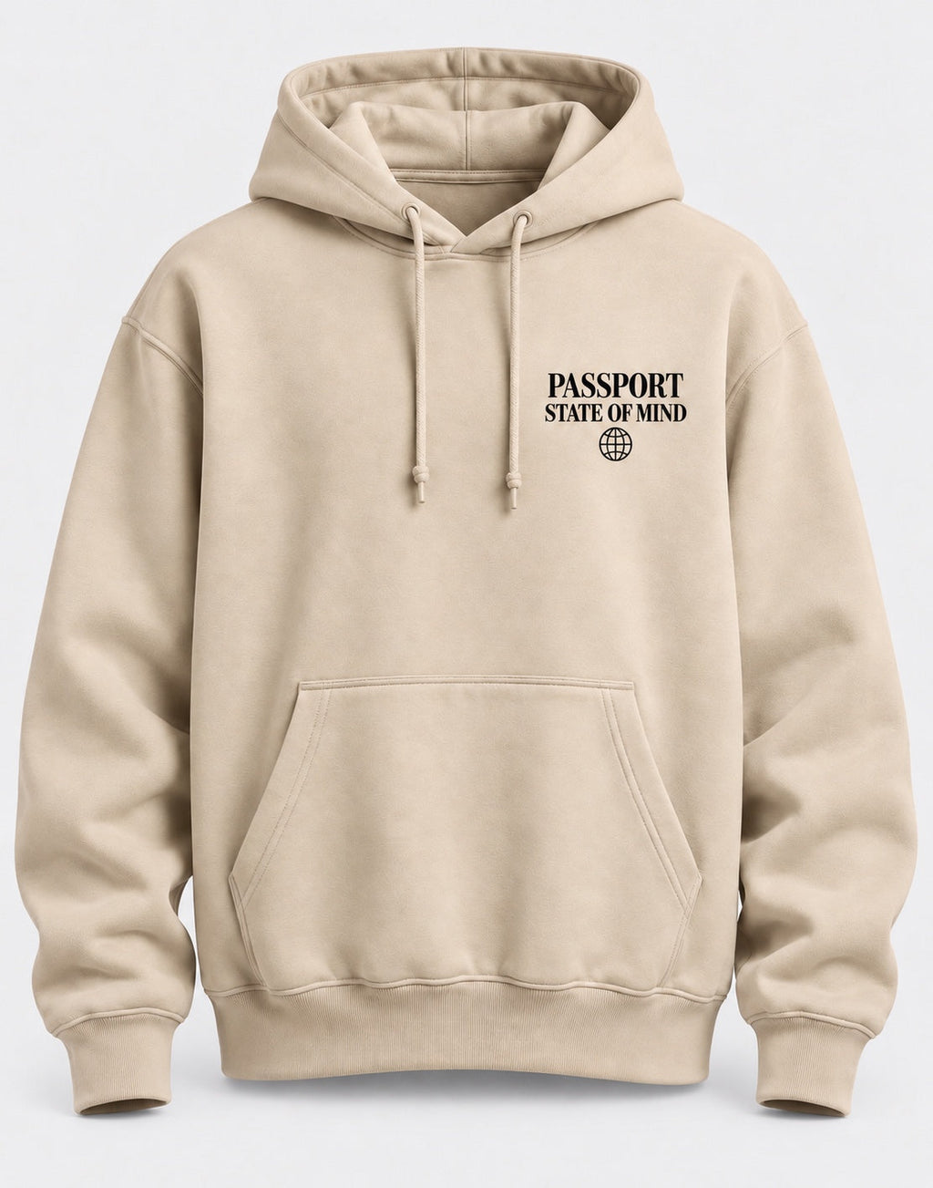 Front view of Passport State of Mind sand hoodie with black chest logo