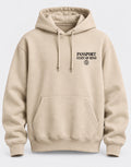 Front view of Passport State of Mind sand hoodie with black chest logo